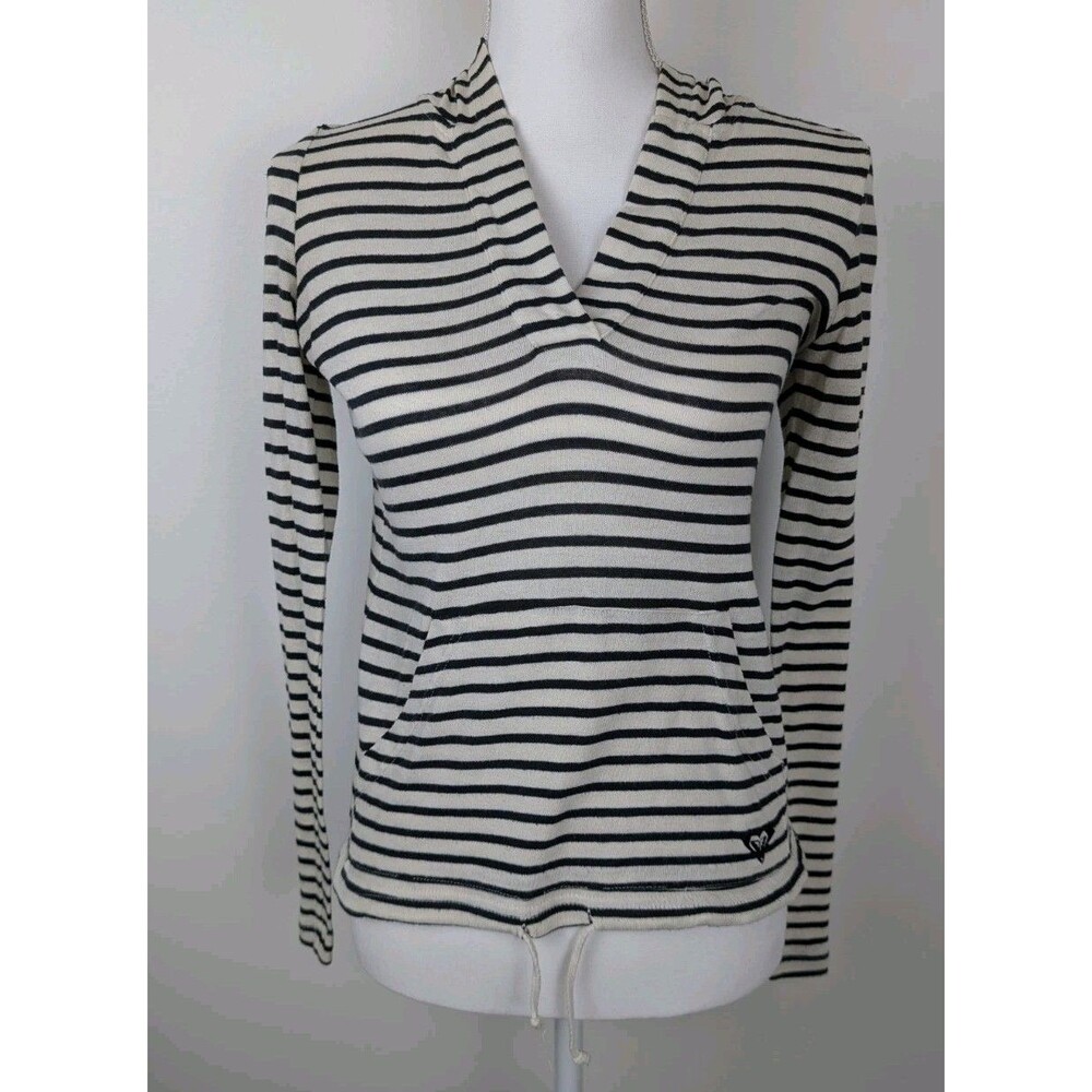 Roxy Women's XS Cream & Black Striped Knit Long Sleeve Shirt / Cover Up Hooded